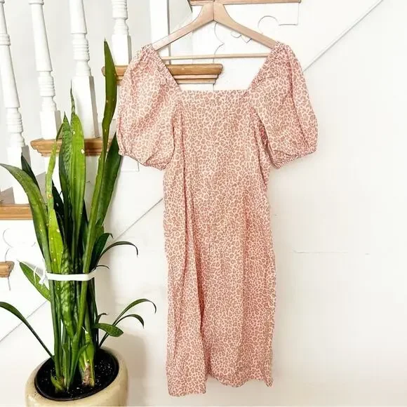 J. Crew Cottage Dress Pink Leopard Cotton Short Puff Sleeves Button Down Size S - Picture 5 of 8